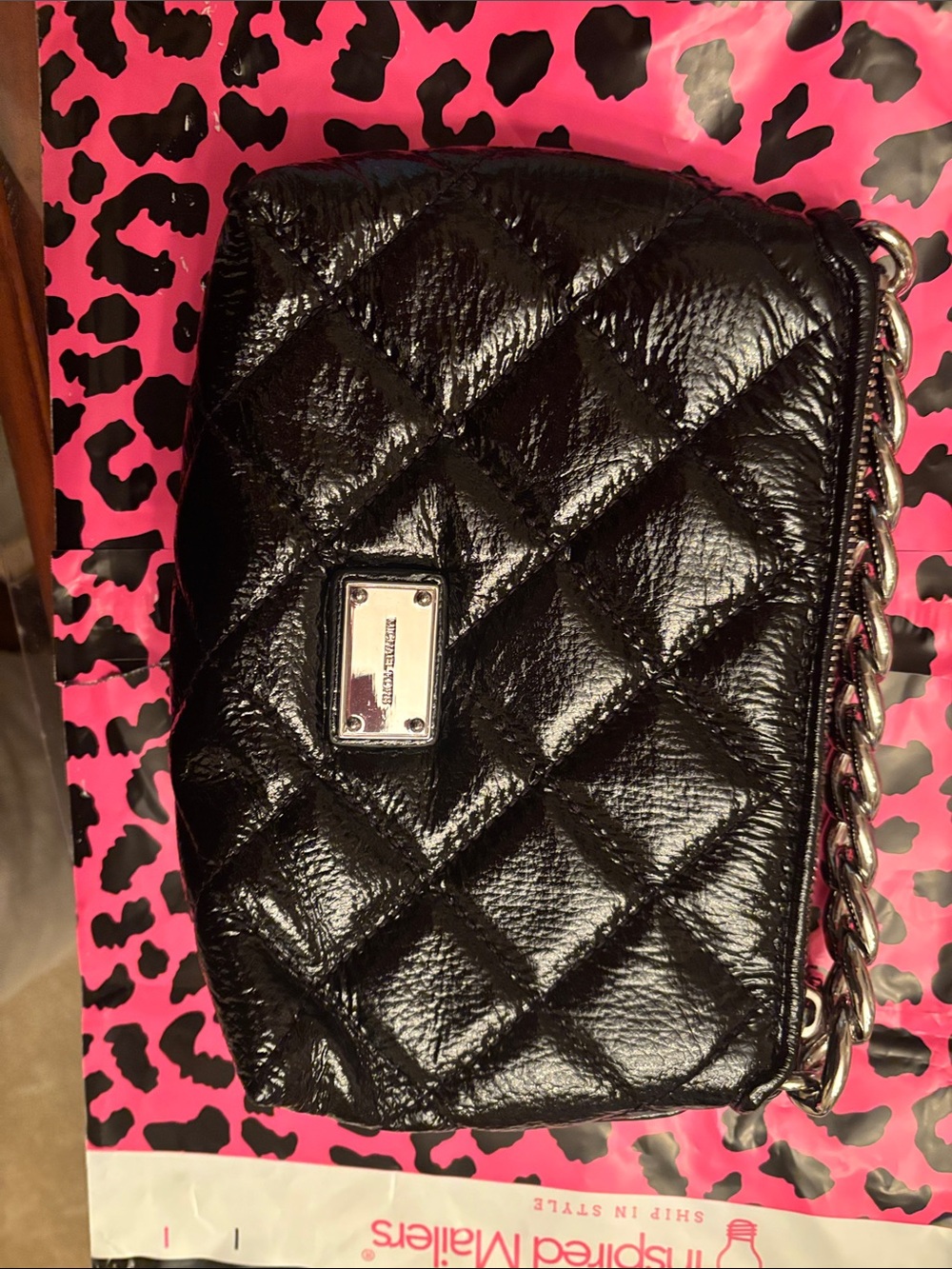 Michael Kors Black Quilted Patent Chain Wristlet Clutch
